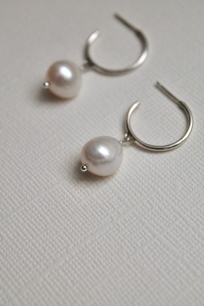 PEARL DROP HOOPS - STERLING SILVER