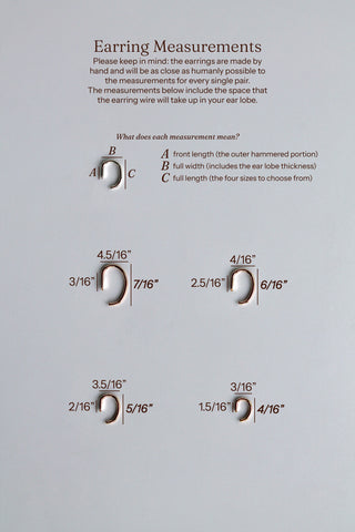 An informational earring measurement chart on a light gray background, showing diagrams and text explaining how to measure earrings made by hand, with labeled sections A, B, and C and several size examples.