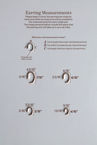 An informational measurement chart for earrings on a light gray background. The chart explains how to measure earring size using labeled diagrams (A, B, C) and provides size examples in fractions of an inch for different earring shapes.