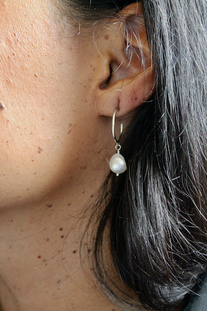 PEARL DROP HOOPS - STERLING SILVER