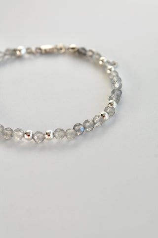 3mm labradorite gemstone and silver bead bracelet close-up of the gems on a white background